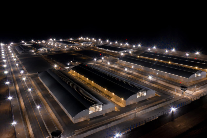 Aerial view of lit airport