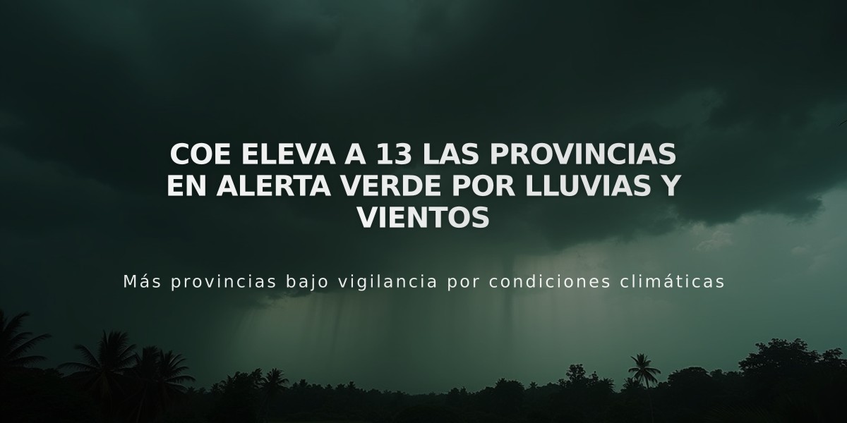 COE eleva a 13 las provincias en alerta verde por lluvias y vientos