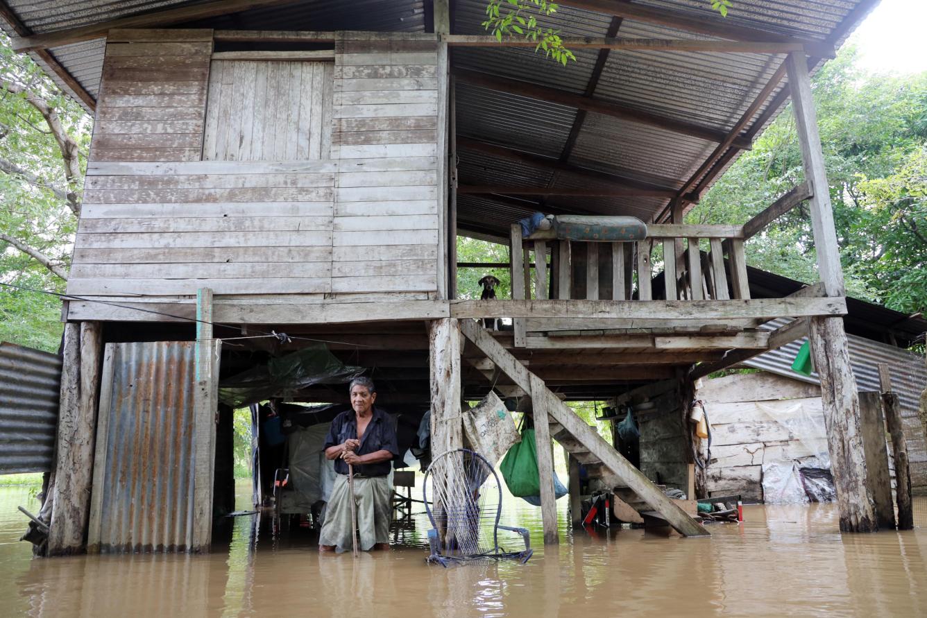 Hombre y perro en casa inundada